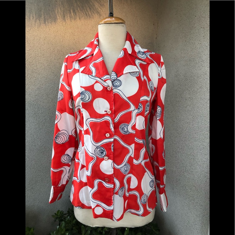 Vintage mod orange white blouse S/M polyester